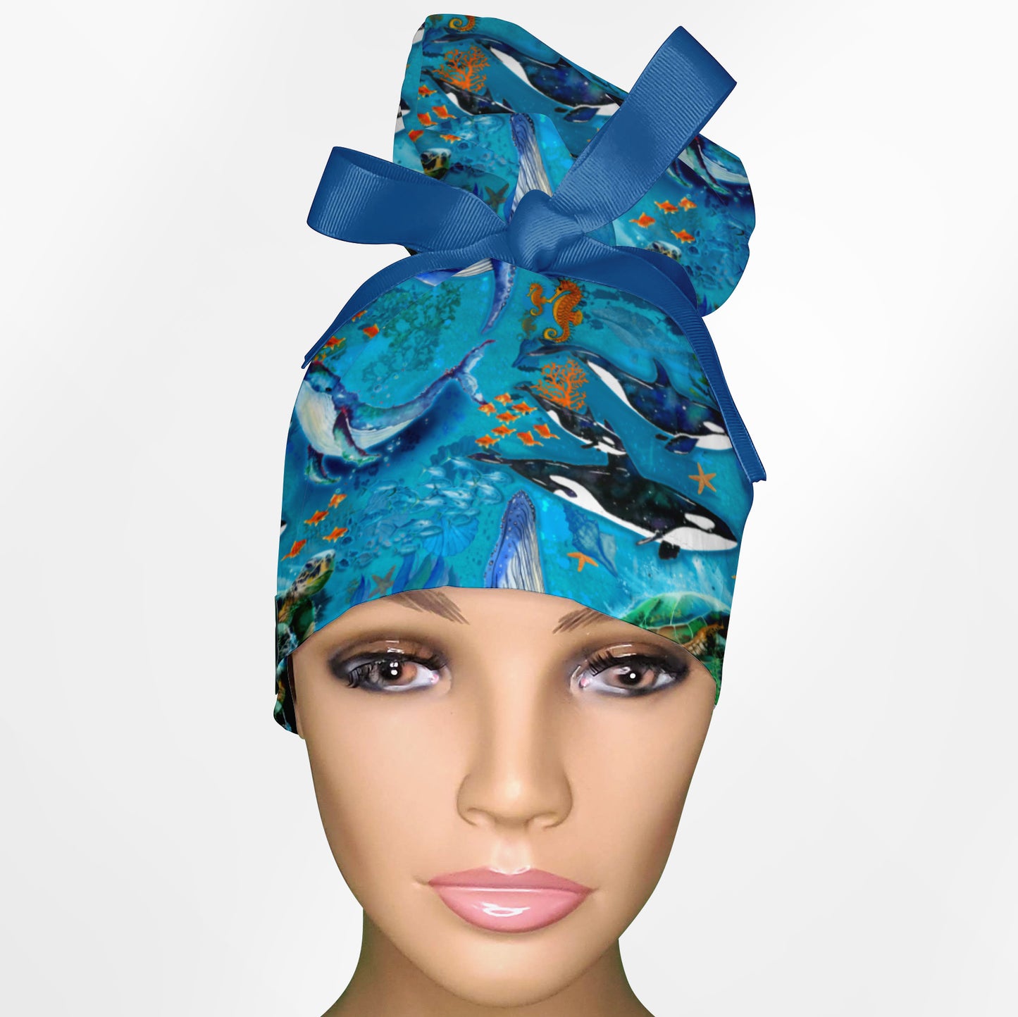 Whales High Bun Ponytail Scrub Cap