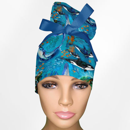 Whales High Bun Ponytail Scrub Cap