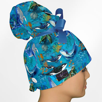 Whales High Bun Ponytail Scrub Cap